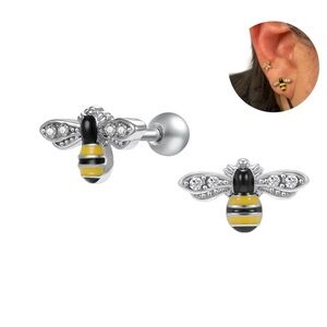 Cute Bee Shape Stainless Steel CZ Stud Earring For Women